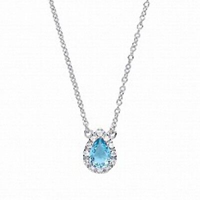 Sterling Silver Necklace With Sparkling Aquamarine Pear With CZ Pendant & Chain