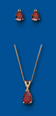 Gold Garnet Pendant & Earrings Set Pear Stud Solid Yellow Gold Hallmarked