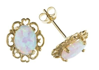 9ct Gold Opal Oval Earrings Heart Edge Yellow Gold October Birthstone Hallmarked