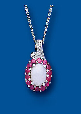 Ruby Opal and Diamond Pendant Solid Silver Necklace Hallmarked 18" Chain British