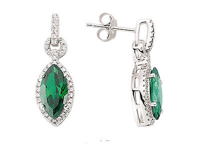 Emerald Drop Earrings Sterling Silver Platinum Plated Marquise Drops