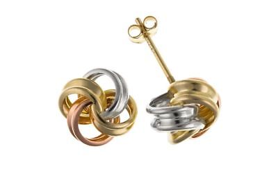 Multi Tone Gold Knot Stud Earrings 9mm Solid 9 Carat Yellow Rose White Gold