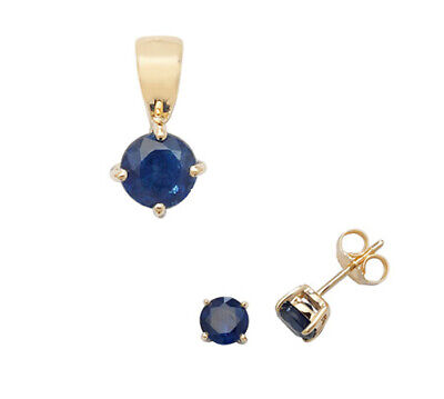 Sapphire Pendant and Earrings Set Classic Solitaire 9ct Yellow Gold Hallmarked