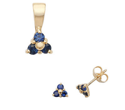 Sapphire Pendant and Earrings Set Three Stone Trilogy 9ct Yellow Gold Hallmarked