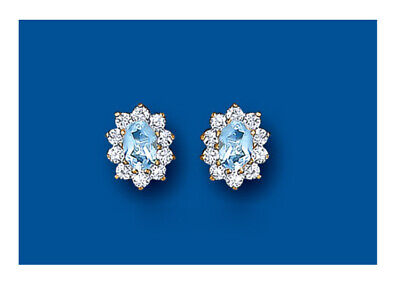 9ct Gold Blue Topaz Cluster Stud Earrings Oval November Birthstone Hallmark
