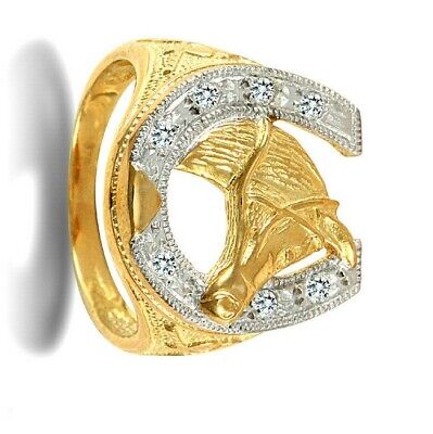9ct Yellow Gold Cubic Zirconia Horse Shoe Ring Hallmarked