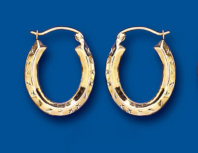Gold Hoop Earrings Yellow Gold Oval Diamond Cut Creole Earrings Hallmarked