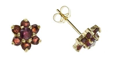 9ct Gold Garnet Earrings Cluster Stud Yellow Gold January Birthstone