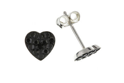 Black Crystal Heart Earrings Sterling Silver 925 Hallmark British made