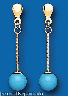 9ct Yellow Gold Turquoise Drop Earrings Stick Drops Hallmark December Birthstone