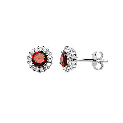 Garnet Halo Cluster Earrings Sterling Silver Stud British Made 925 Hallmark