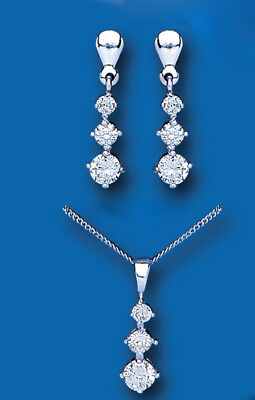 White Gold Pendant and Earrings Set Three Stone Trilogy Solid Gold Hallmarked