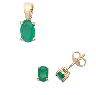 Emerald Pendant and Earrings Set Oval Solitaire 9ct Yellow Gold Hallmarked