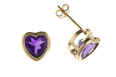 9ct Gold Amethyst Heart Earrings Yellow Gold Stud February Birthstone Hallmark