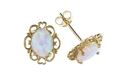 9ct Gold Opal Oval Earrings Heart Edge Yellow Gold October Birthstone Hallmarked