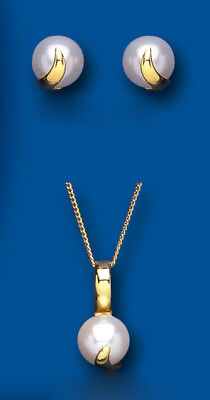 Pearl Set Yellow Gold Pendant and Earrings Freshwater Hallmarked British Made