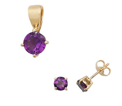 Amethyst Pendant and Earrings Set Classic Solitaire 9ct Yellow Gold Hallmarked