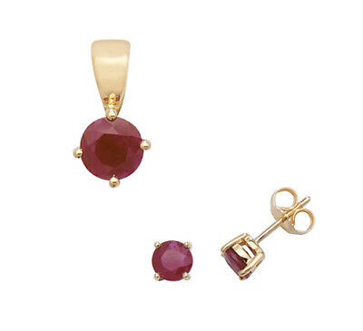 Ruby Pendant and Earrings Set Classic Solitaire 9ct Yellow Gold Hallmarked