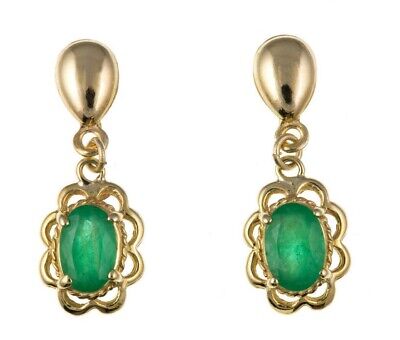 9ct Yellow Gold Emerald Drop Earrings Oval Drops Hallmark May Birthstone