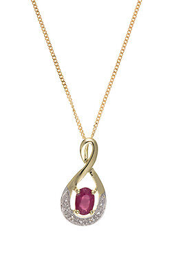 Ruby and Diamond Pendant 9ct Yellow Gold Infinity Twist Necklace 16 - 18" Chain