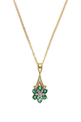 Emerald and Diamond Pendant 9ct Yellow Gold Cluster Necklace 16-18" Real Stone