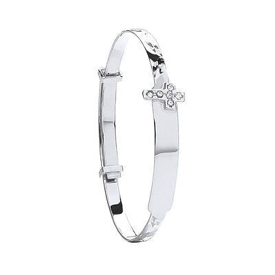 White Gold Baby Bangle Identity With Cross Charm Hallmarked Christening Gift