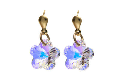 9ct Zellow Gold Austrian Crystal Flower Drop Earrings Hallmarked British Made