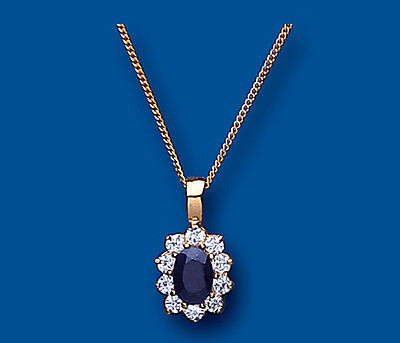 Yellow Gold Sapphire Pendant Cluster Necklace Hallmarked 18" Chain British Made