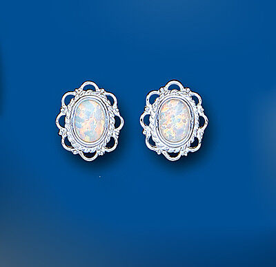 Opal Earrings Solitaire Stud Sterling Silver Oval Studs