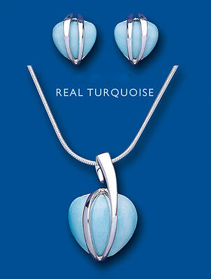 Turquoise Heart Pendant and Earrings Set Solid Sterling Silver