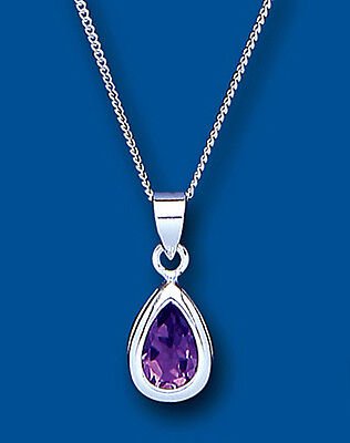 Amethyst Pendant Solitaire Solid Sterling Silver Smooth Rub Over Setting 18"