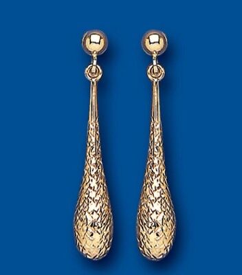 Yellow Gold Textured Bomber Drop Earrings Hallmarked Drops Dangly