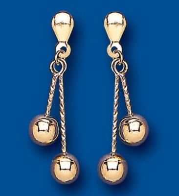 9ct Double Bead Drop Earrings Yellow Gold Hallmarked Drops Dangly