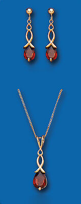 Gold Garnet Pendant & Earrings Set Solid Yellow Gold Hallmarked Drop Earrings