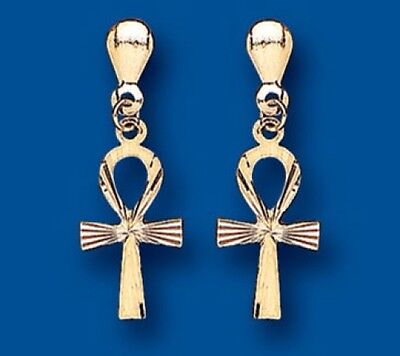 9ct Diamond Cut Cross Drop Earrings Yellow Gold Drops Hallmarked Religious