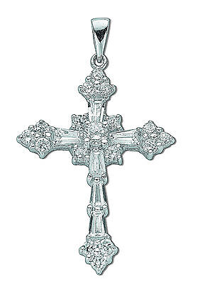 Sterling Silver Fancy Baguette Cut Cross Pendant 925 Hallmark 43 x 24mm