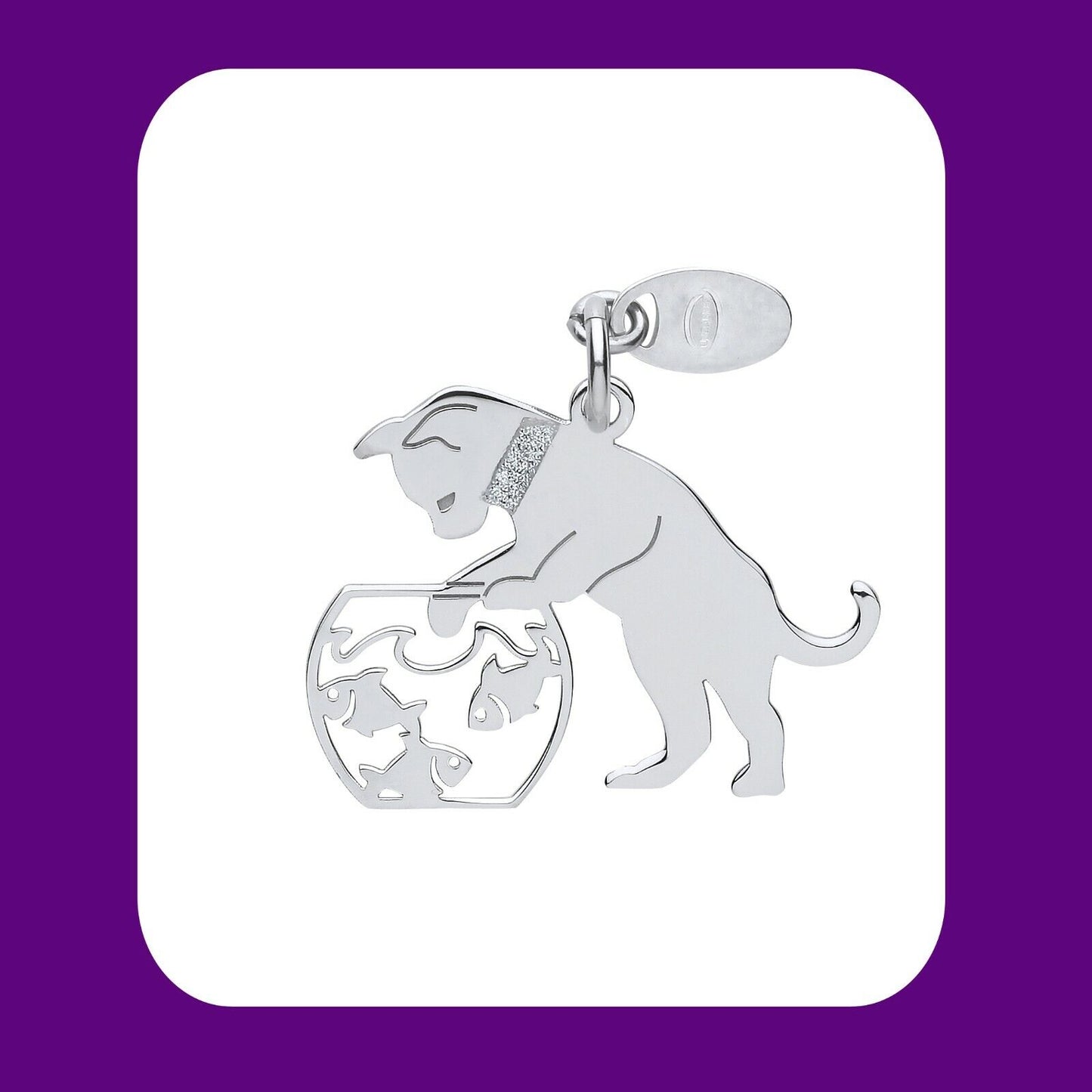 Silver Cat Pendant Goldfish Bowl 925 Hallmark Pet Jewellery 14-24" Chain