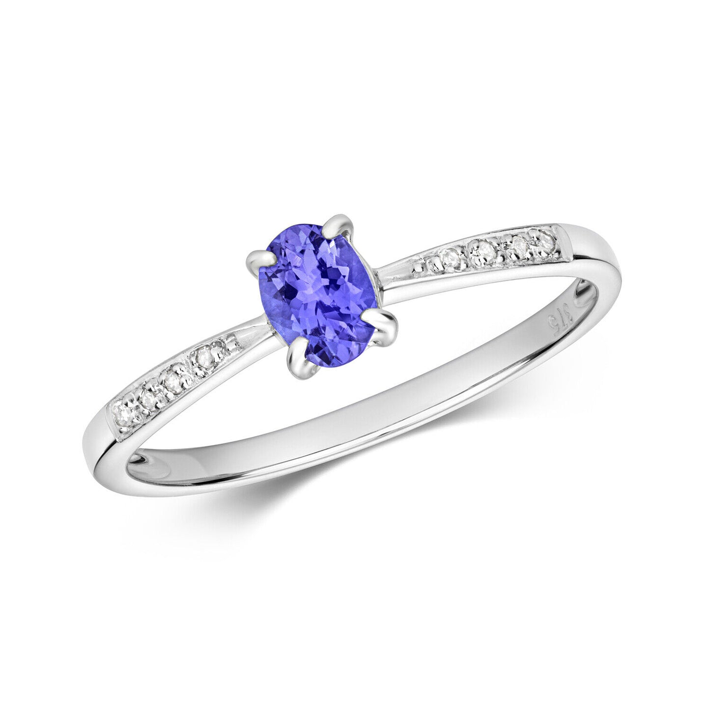 Real Tanzanite and Diamond Ring Solid White Gold Oval Cut Solitaire Size J - Q