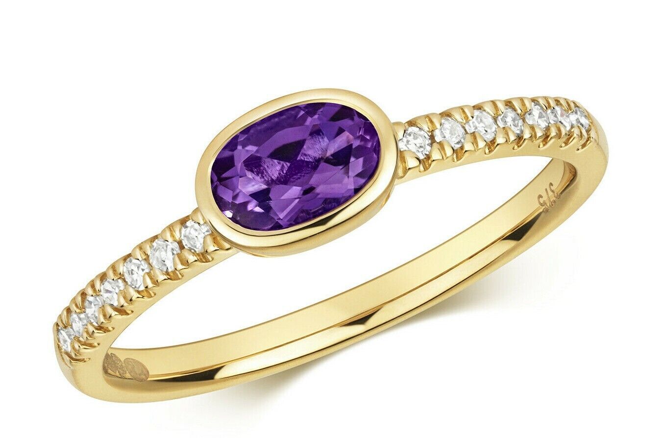 Real Amethyst and Diamond Ring Solid Yellow Gold Oval Solitaire Size J - Q