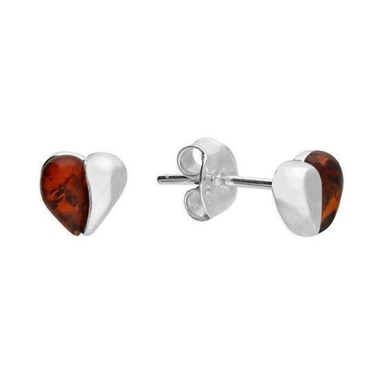 Cognac Amber Split Heart Stud Earrings 6mm Solid Sterling Silver 925
