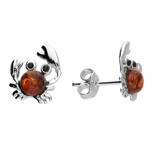 Cognac Amber Cute Crab Stud Earrings Solid Sterling Silver 925