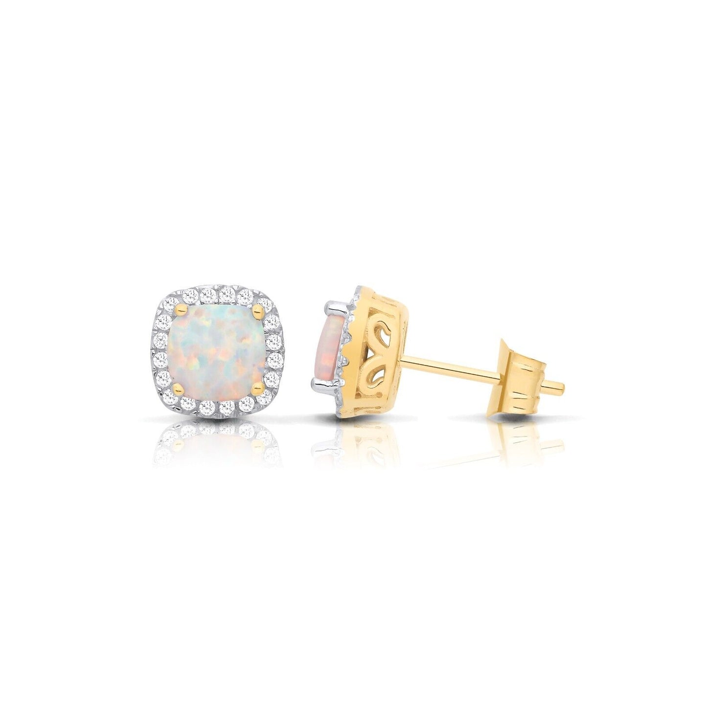 Opal Cushion Cluster Stud Earrings Solid 9ct Yellow Gold Hallmarked