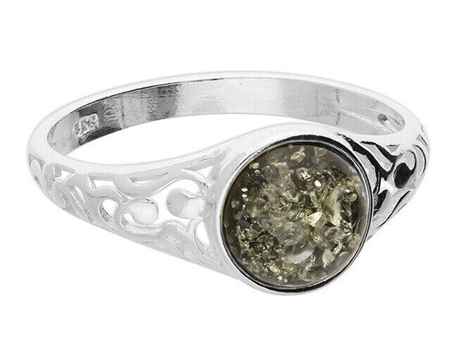 Green Amber Ring With Swirl Cut Out Shoulders Solid Sterling Silver 925