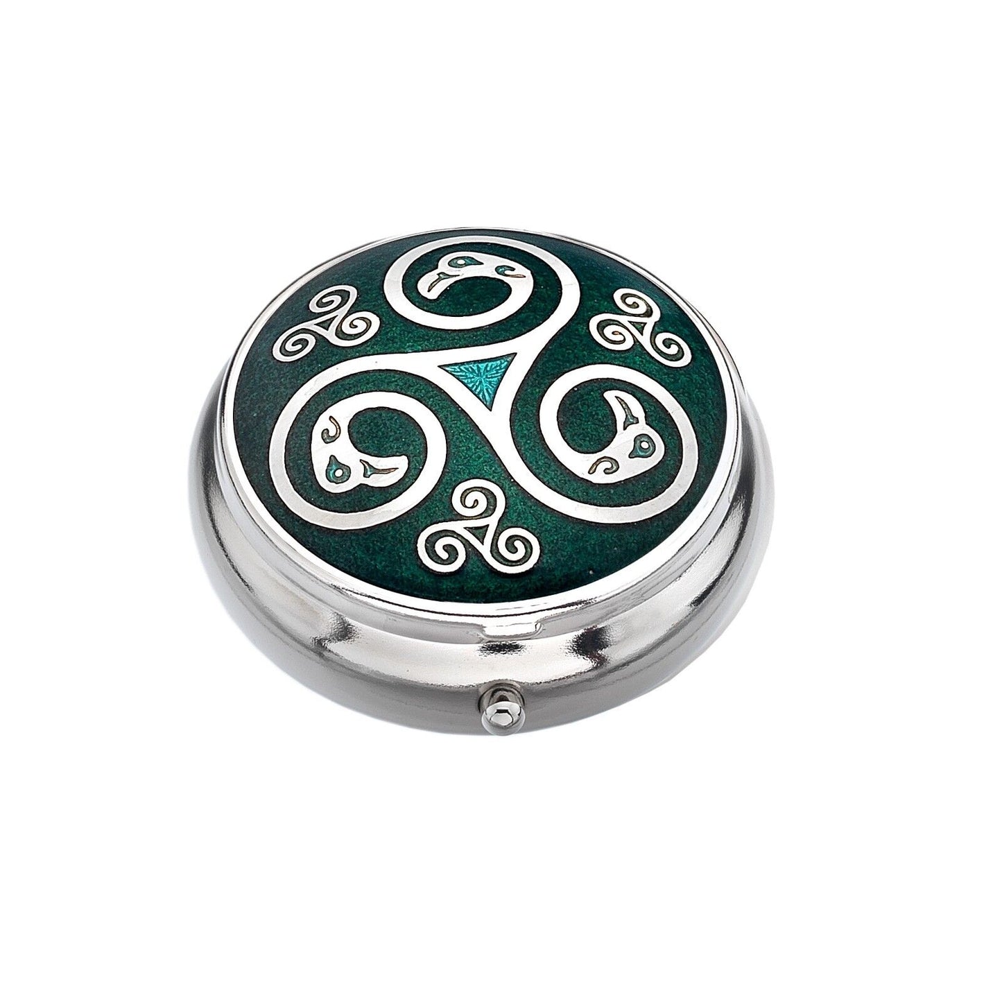 Pillbox Silver Plated Celtic Spirals and Birds Green Brand New and Boxed