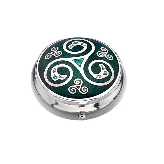 Pillbox Silver Plated Celtic Spirals and Birds Green Brand New and Boxed