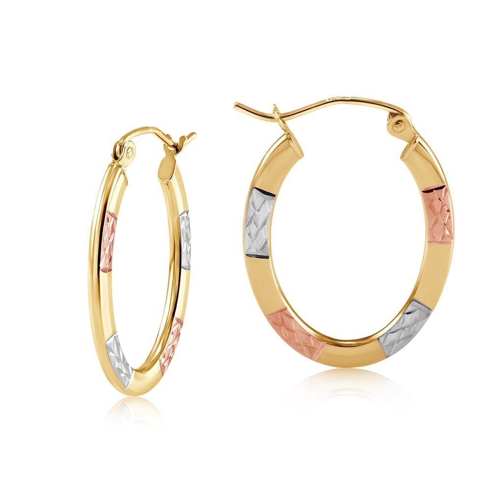 Three Colour Gold Oval Hoop Creole Earrings Hallmarked Patterned Hoops