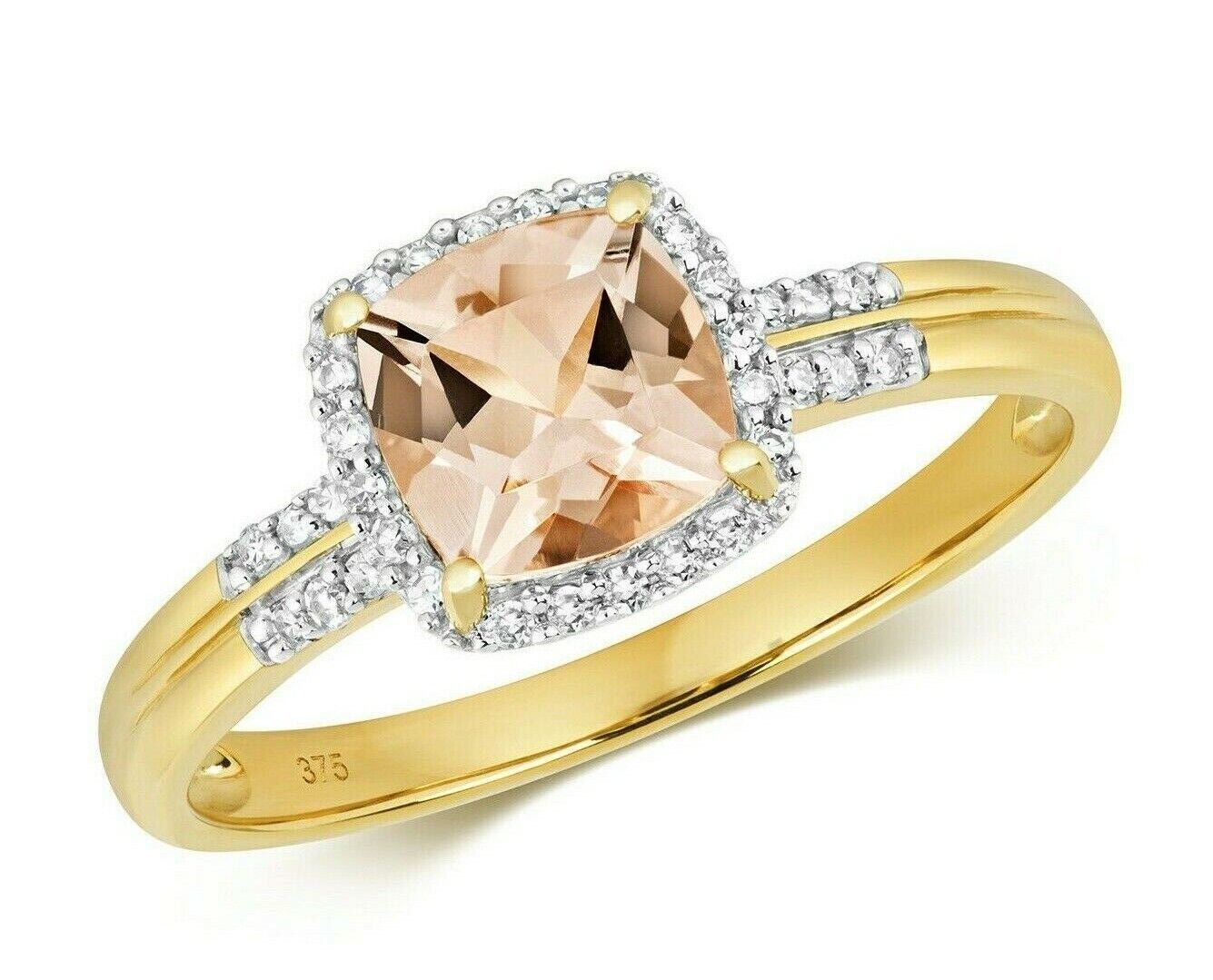 Real Morganite and Diamond Ring Solid Yellow Gold Cushion Cluster Size JKLMNOPQ