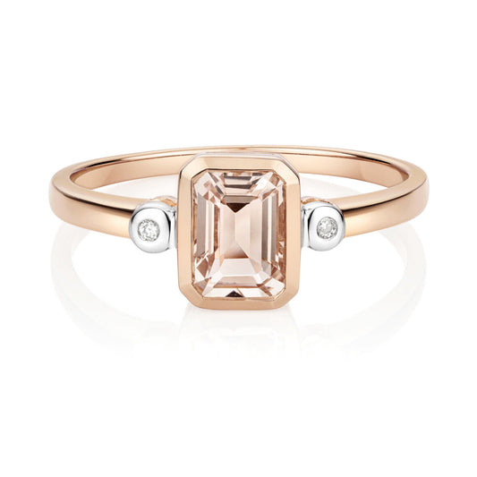 Real Morganite and Diamond Ring Solid Rose Gold Emerald Cut Solitaire Size J - Q