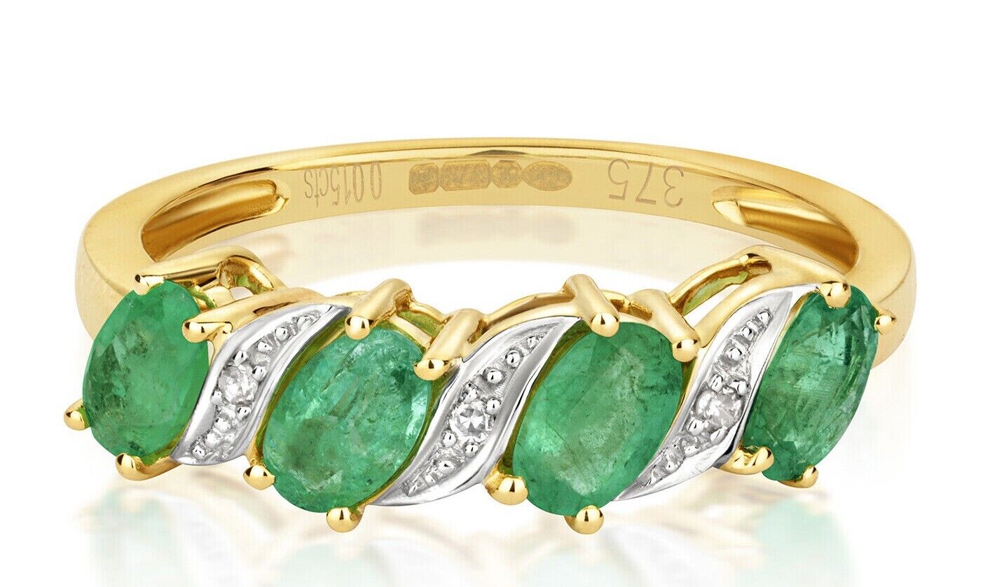 Real Emerald and Diamond Eternity Ring Solid Yellow Gold Oval Gemstone Band