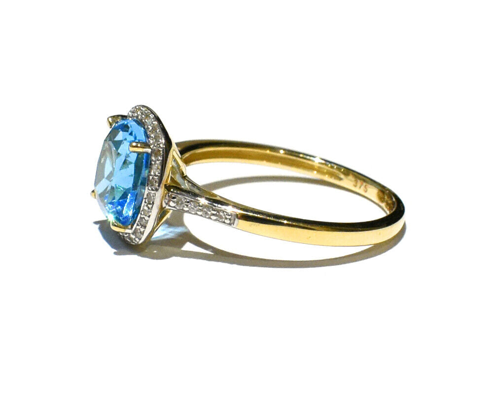 Real Blue Topaz and Diamond Ring Solid Yellow Gold 8mm Cushion Gem Size JKLMNOPQ